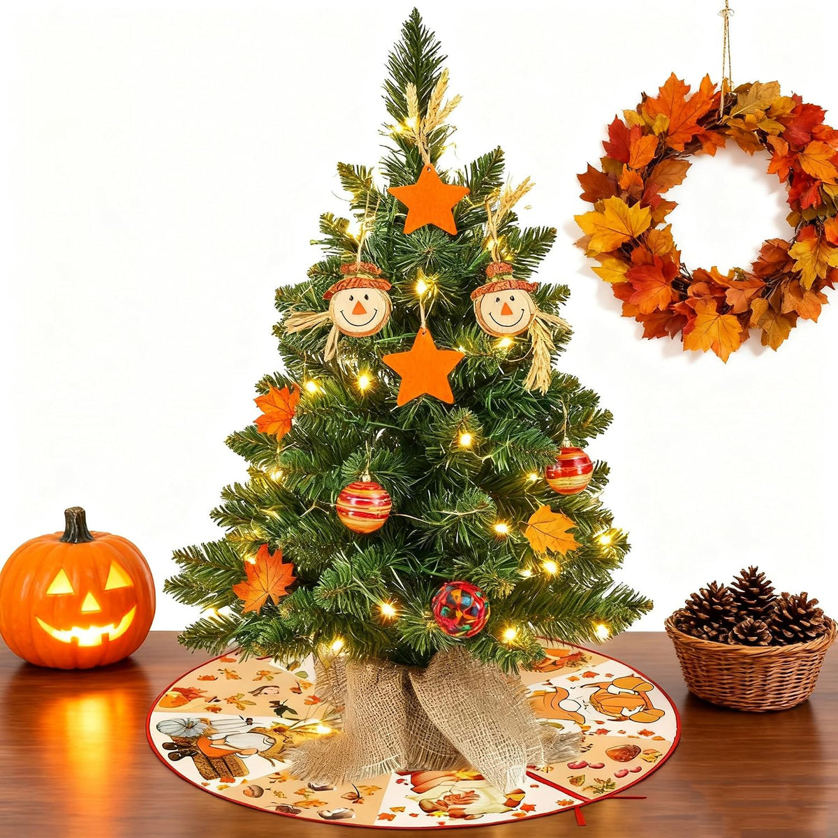 15 Inch Mini Halloween Tree Skirt Fall Thanksgiving Day Tree Skirt Small Reve...