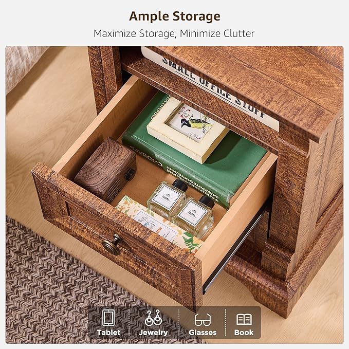 Farmhouse Nightstand with Charging Station, Wooden Sofa Table w/Roman Column - Image 9
