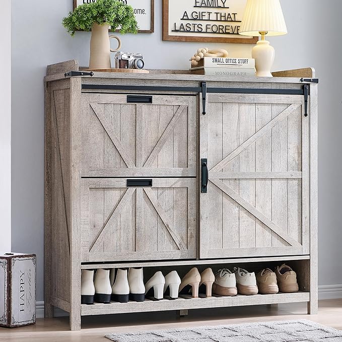 OKD Shoe Storage Cabinet with 2 Flip Drawers & Sliding Door, Farmhouse Entryway by OKD