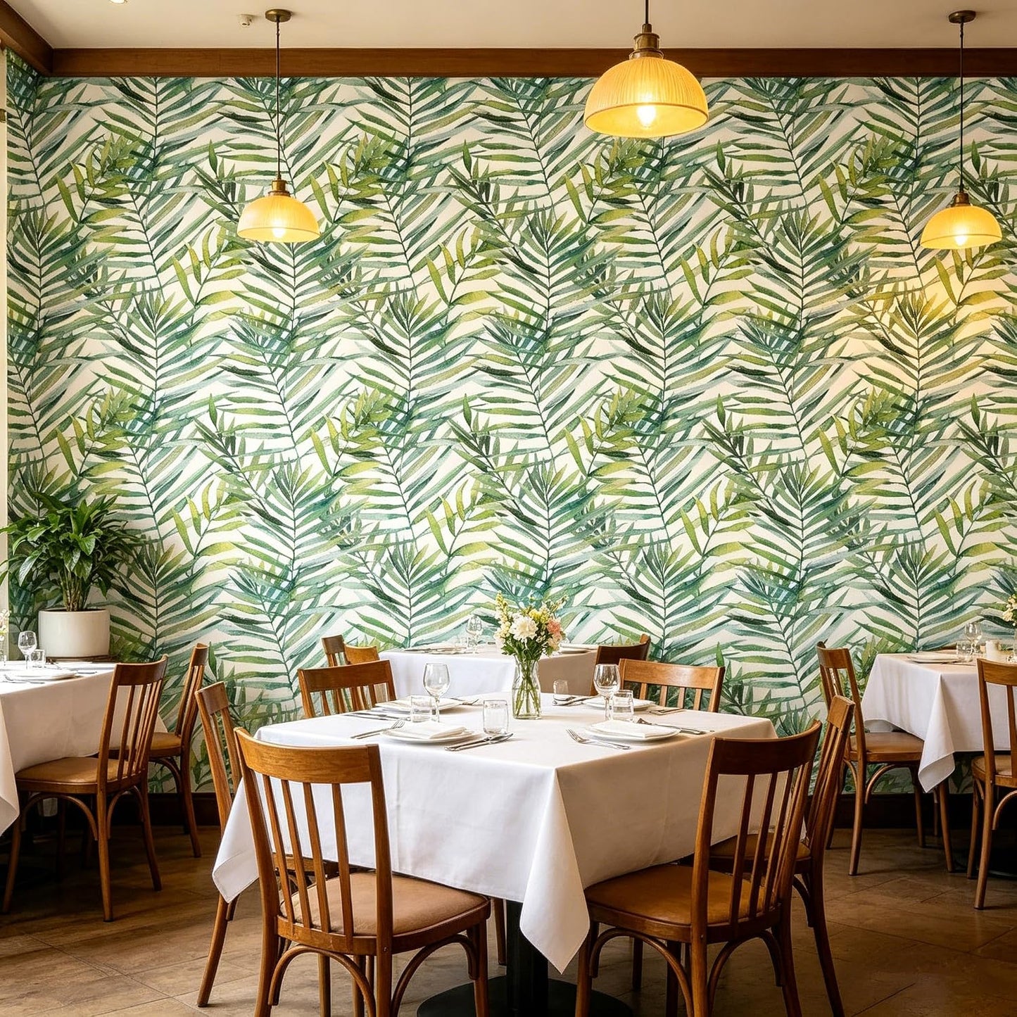 Tropical Watercolor Green Leaf Plants Peel and Stick | self adhesive Wallpaper - 96''x32''