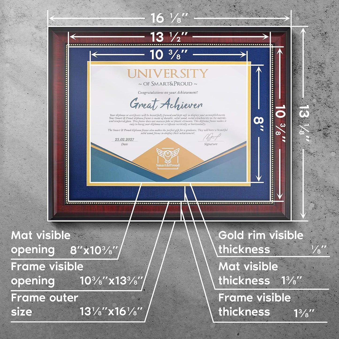 Wooden College Diploma Frame 8.5 x 11 with Mat (Blue /w Golden Rim) — Real Wood, Real Glass — Gift-Ready Packed Graduation Gift — Certificate Holder — Document Frame For Bachelors and Masters Degree
