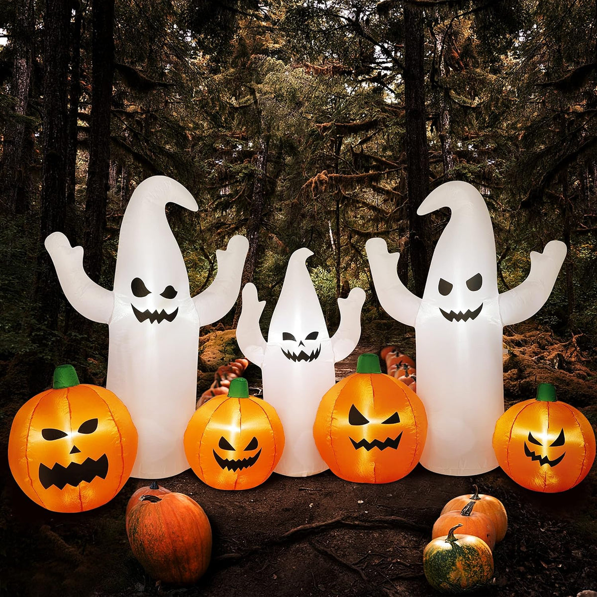 SAND MINE 8 FT Long Lighted Halloween Inflatable Ghosts with Pumpkins, Hallow...