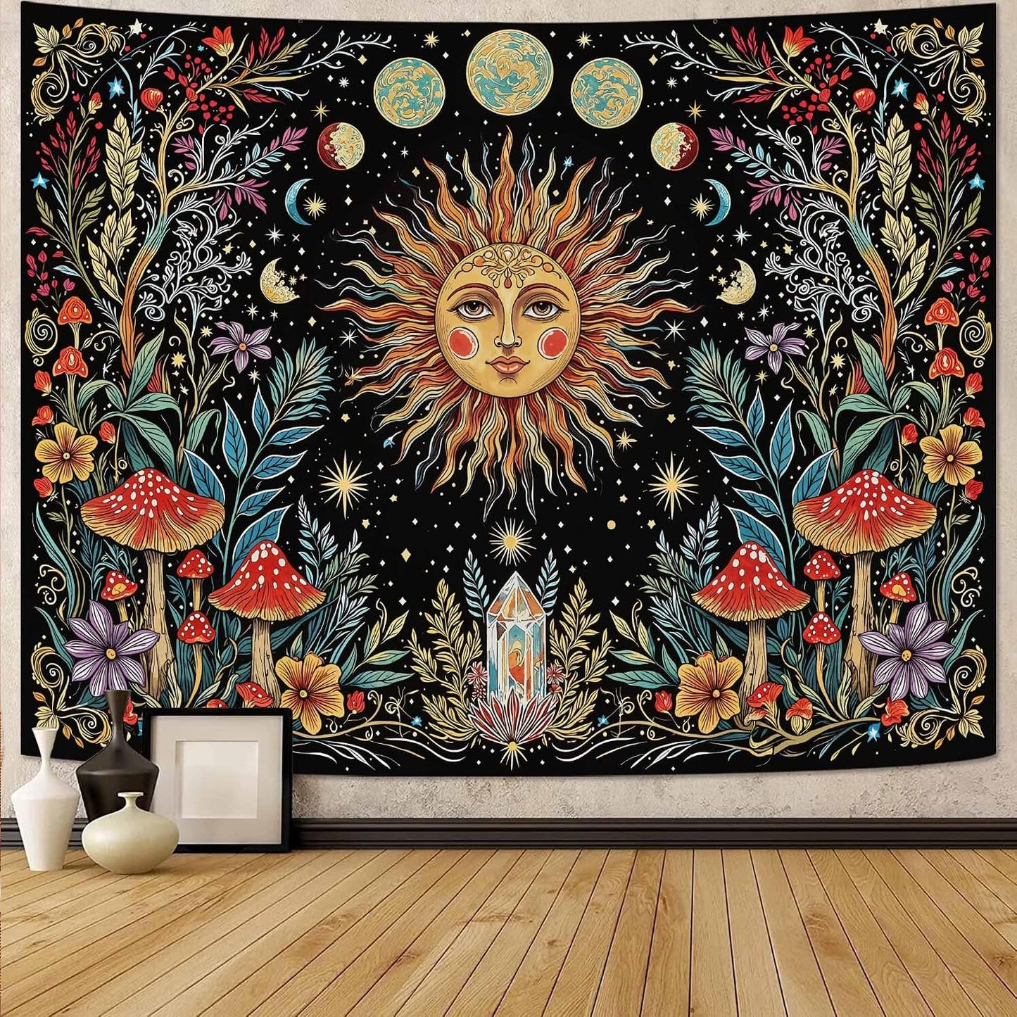 Accnicc Boho Sun and Moon Tapestry Hippie Mushroom Floral Wall Tapestry for Bedroom Aesthetic Vintage Plant Celestial Spiritual Small Tapestries Wall Hanging for Dorm Living Room Decor 48 x 36 Inch