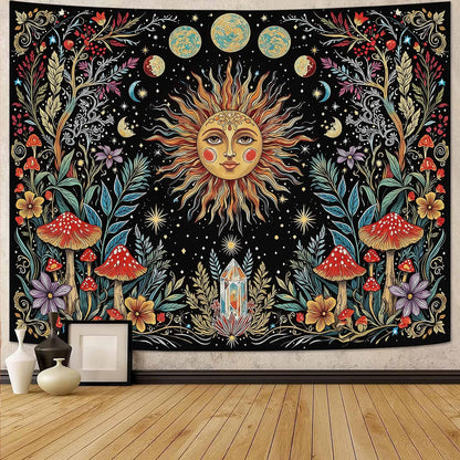 Accnicc Boho Sun and Moon Tapestry Hippie Mushroom Floral Wall Tapestry for Bedroom Aesthetic Vintage Plant Celestial Spiritual Small Tapestries Wall Hanging for Dorm Living Room Decor 48 x 36 Inch