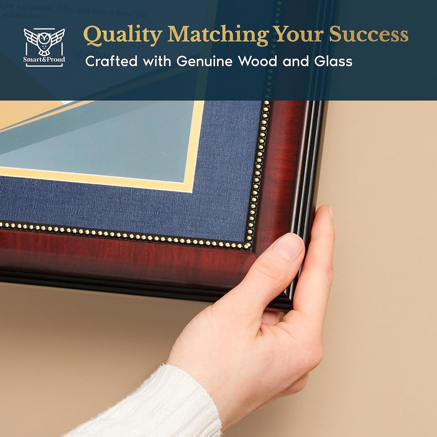 Wooden College Diploma Frame 8.5 x 11 with Mat (Blue /w Golden Rim) — Real Wood, Real Glass — Gift-Ready Packed Graduation Gift — Certificate Holder — Document Frame For Bachelors and Masters Degree