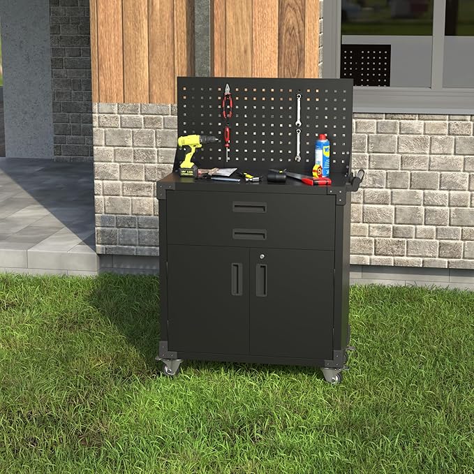 SUXXAN Black Tool Cart with Pegboard and 4 Hooks, Garage Storage Cabinet on - Image 7