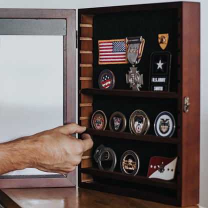 Treevers Large Challenge Coin Display Case - Pride of Service Engraved Edition - 17-Slot Military Shadow Box for Army, Navy & Police - Solid Wood Cabinet with Lockable Crystal-Clear Door & Wall Mount