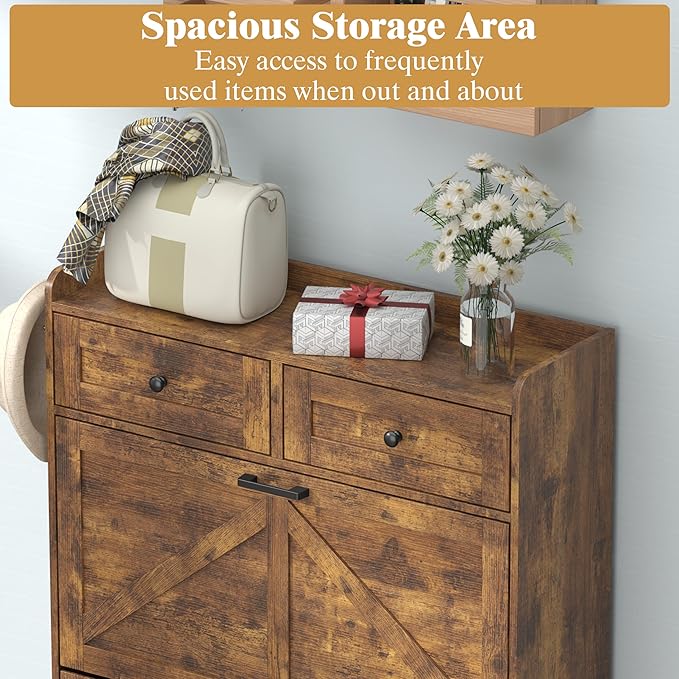 Shoe Cabinet with 3 Flip Drawers & 2 Storage Drawers, Rustic Farmhouse Narrow - Image 4
