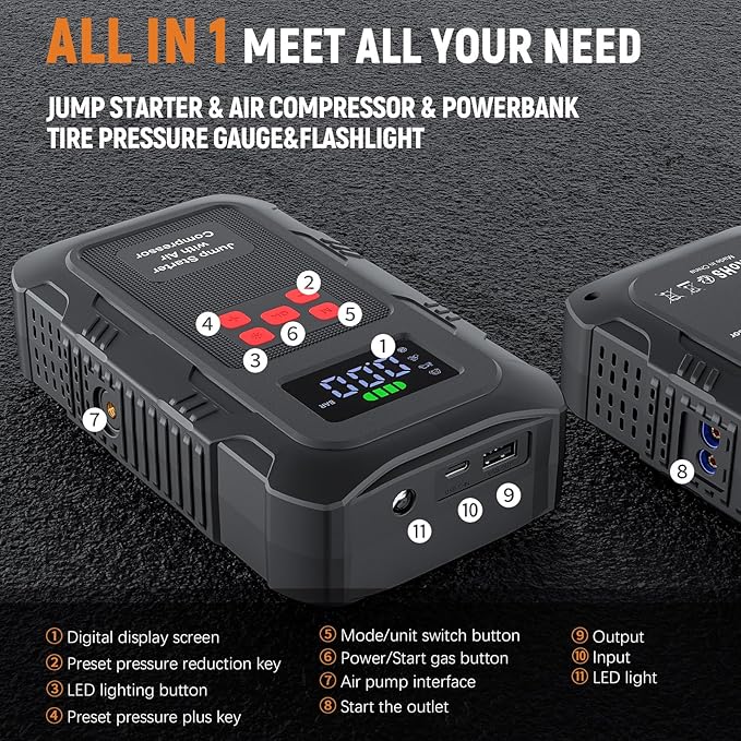 HPBS 6000A Jump Starter with Air Compressor, Portable Car Battery Jump Starter - Image 5