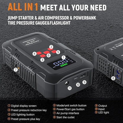 HPBS 6000A Jump Starter with Air Compressor, Portable Car Battery Jump Starter - Image 5
