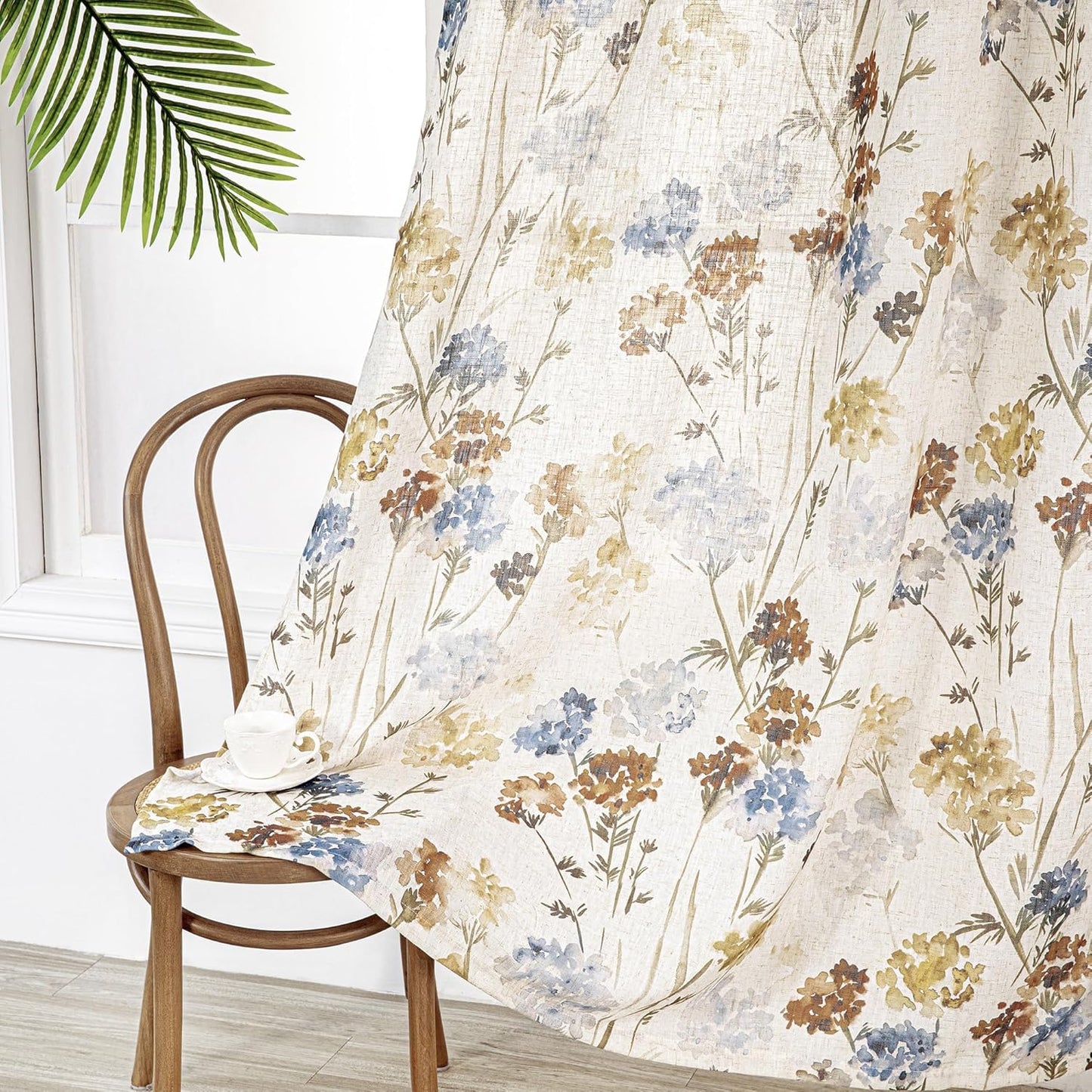 MYSKY HOME Floral Linen Curtains 84 inch Length 2 Panels Set Summer Flower Patterned Semi Sheer Light Filtering Privacy Farmhouse Grommet Drapes for Living/Dining Room, Yellow, W52 x L84, Pack-2