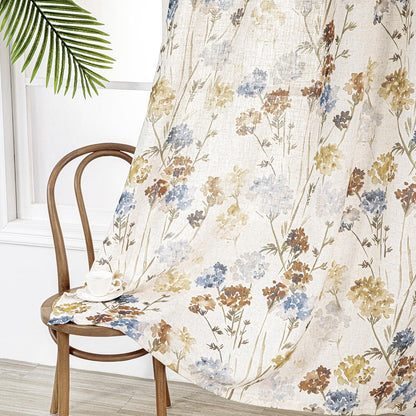 MYSKY HOME Floral Linen Curtains 84 inch Length 2 Panels Set Summer Flower Patterned Semi Sheer Light Filtering Privacy Farmhouse Grommet Drapes for Living/Dining Room, Yellow, W52 x L84, Pack-2
