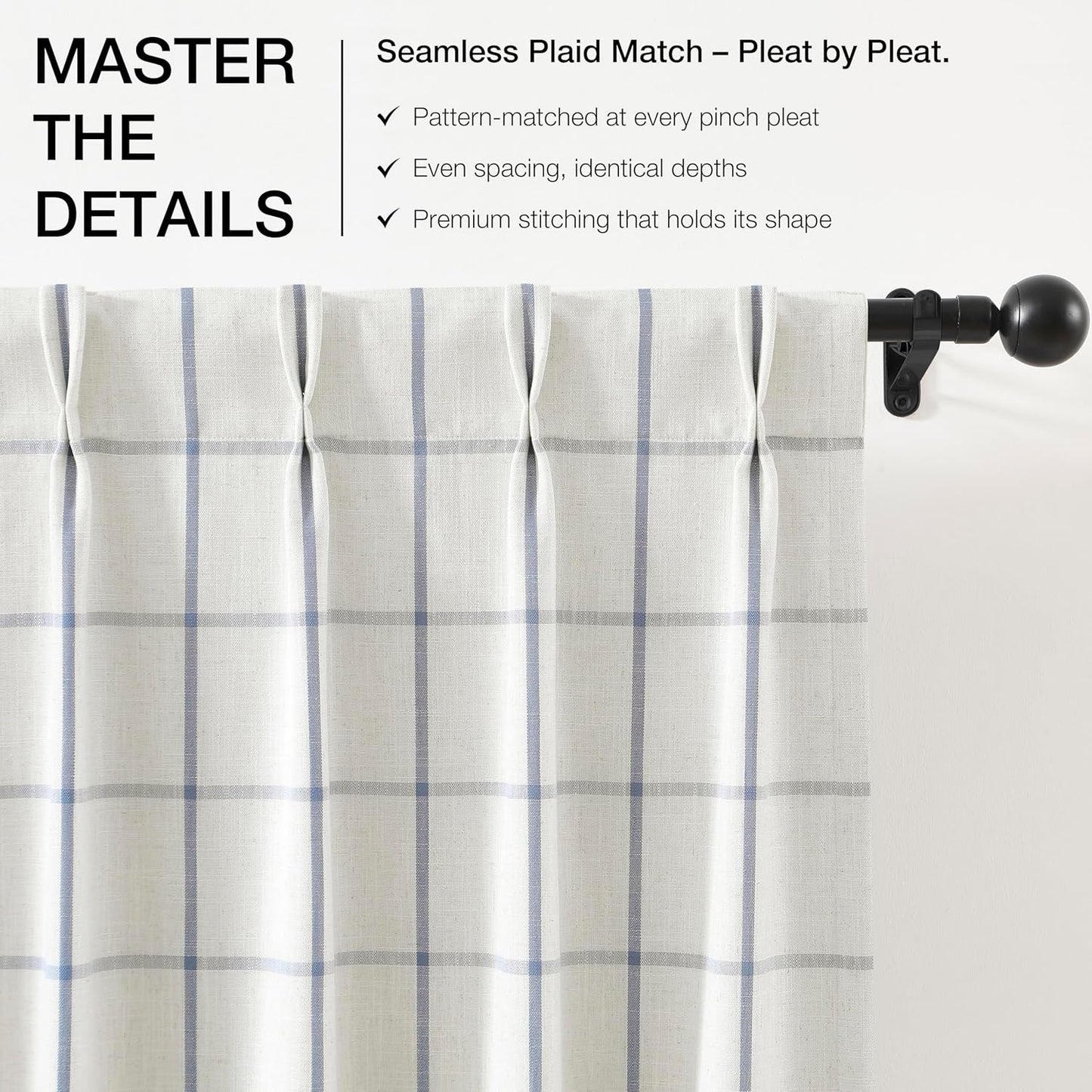 Vision Home Blue Plaid Linen Pinch Pleated Full Blackout Curtains Checkered Thermal Insulated Window Panels 90 inch for Bedroom Living Room Darkening Rustic Pinch Pleat Drapes with Hooks 40" Wx90 Lx2
