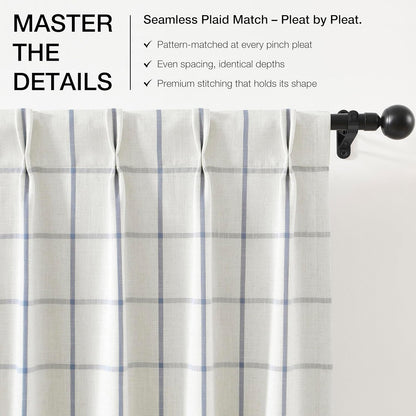 Vision Home Blue Plaid Linen Pinch Pleated Full Blackout Curtains Checkered Thermal Insulated Window Panels 90 inch for Bedroom Living Room Darkening Rustic Pinch Pleat Drapes with Hooks 40" Wx90 Lx2