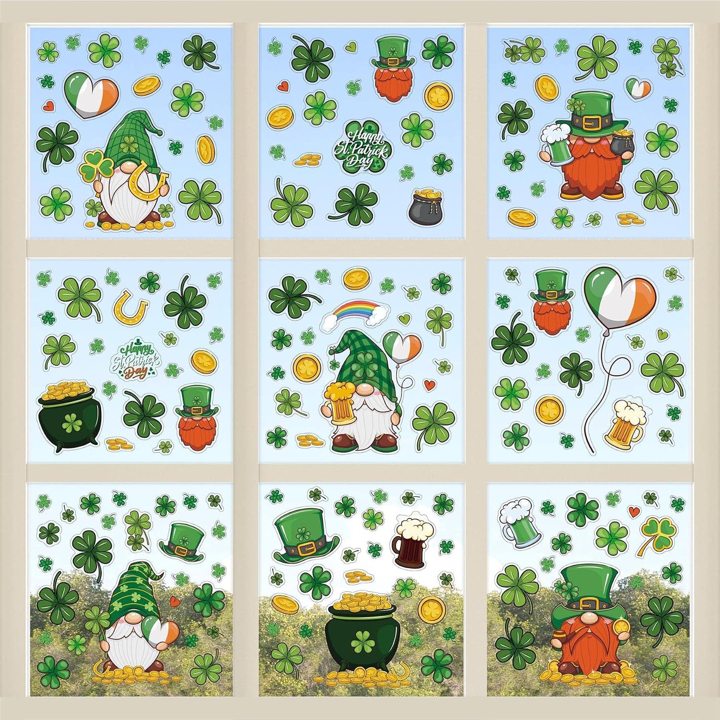 WALPLUS Spring Window Clings St. Patrick's Day Shamrock Gnomes 168 Pieces Double-Sided Reusable PVC Stickers for Glass, Plastic, Metal, Wood, Walls, Mirrors, Glossy Surfaces