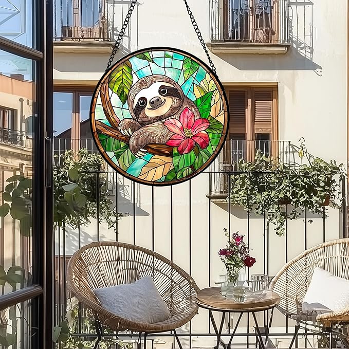 AMDERVEN Stained Glass Window Hanging, Cute Sloth Sun Catcher - Image 2