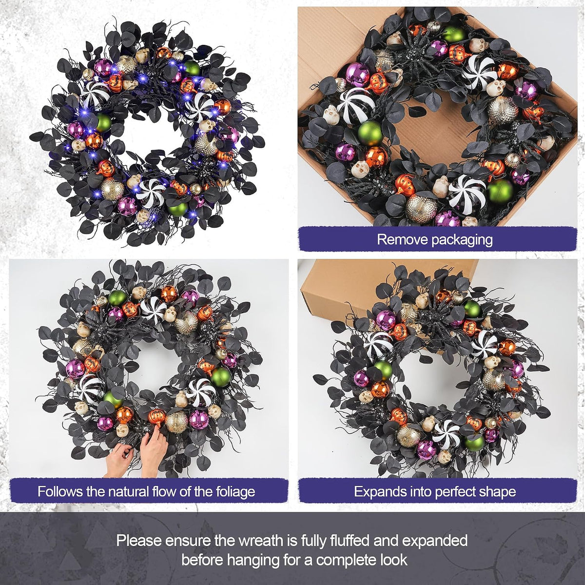 JORNOY 30-Inch Halloween Wreath with Battery Timer - Spider, Balls, Skull