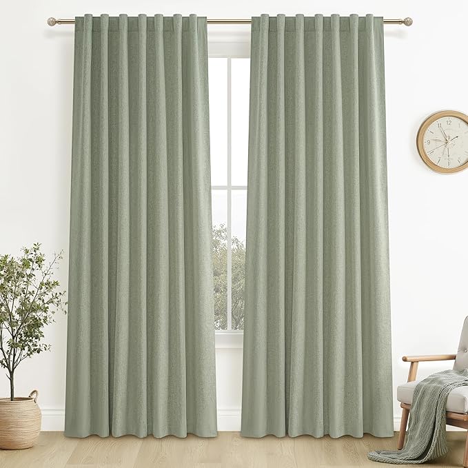 Sage Green Blackout Linen Curtains 120 Inches Extra Long by QJMYDECO