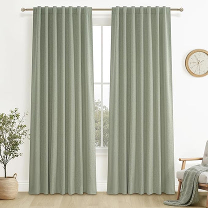 Sage Green Blackout Linen Curtains 120 Inches Extra Long by QJMYDECO