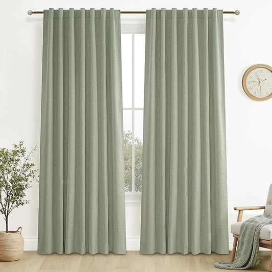 Sage Green Blackout Linen Curtains 90 Inches Long by QJMYDECO