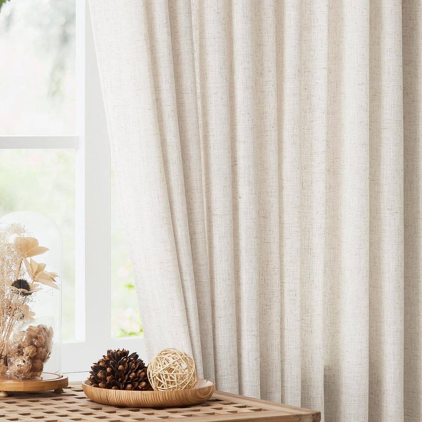 Vision Home Natural Pinch Pleated Semi Sheer Curtains Textured Linen Blended Light Filtering Window Curtains 108 inch for Living Room Bedroom Pinch Pleat Drapes with Hooks 2 Panels 9ft 42" Wx108 L