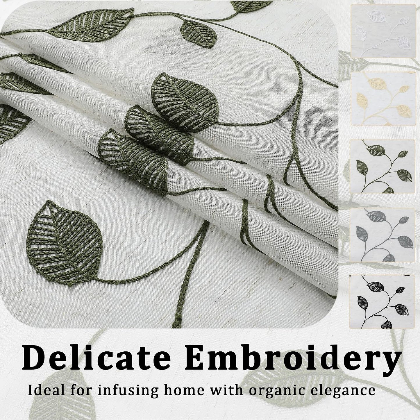 Sage Green Sheer Curtains 63 Inch Length 2 Panels, Leaf Embroidery Linen Textured Light Filtering Sheer Curtains for Dining Room Bedroom, Rod Pocket Farmhouse Window Drapes, 2x40Wx63L Inches