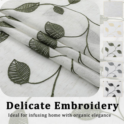 Sage Green Sheer Curtains 63 Inch Length 2 Panels, Leaf Embroidery Linen Textured Light Filtering Sheer Curtains for Dining Room Bedroom, Rod Pocket Farmhouse Window Drapes, 2x40Wx63L Inches