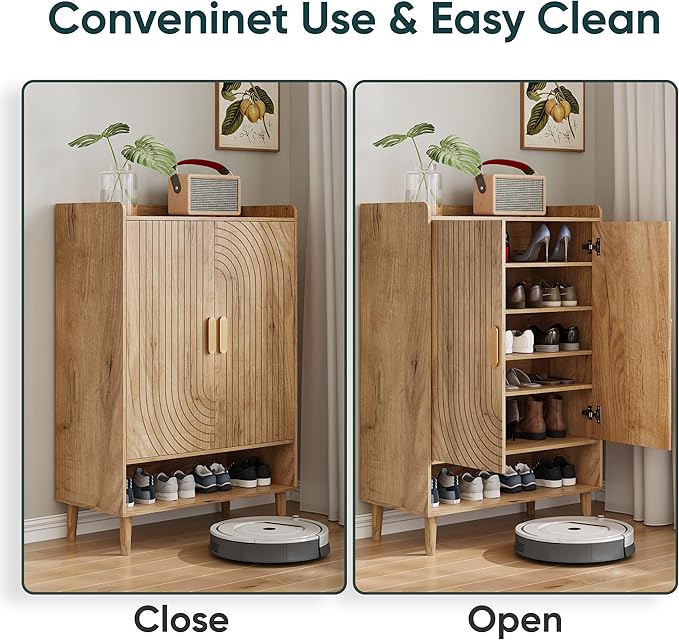 Smuxee Oak Shoe Cabinet with Line Groove Design, 6-Tier Shoe Storage Cabinet - Image 7