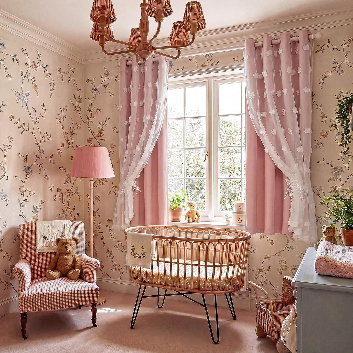 RYB HOME Room Darkening Pink Pom Pom Curtains for Nursery, Double Layer | Sheer Overlay, Cute Princess Style Decor, For Baby Girls Toddler Room, With 2 Bow Tie Backs,W52 x L63,2 Panels