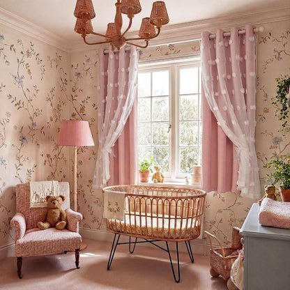 RYB HOME Room Darkening Pink Pom Pom Curtains for Nursery, Double Layer | Sheer Overlay, Cute Princess Style Decor, For Baby Girls Toddler Room, With 2 Bow Tie Backs,W52 x L63,2 Panels