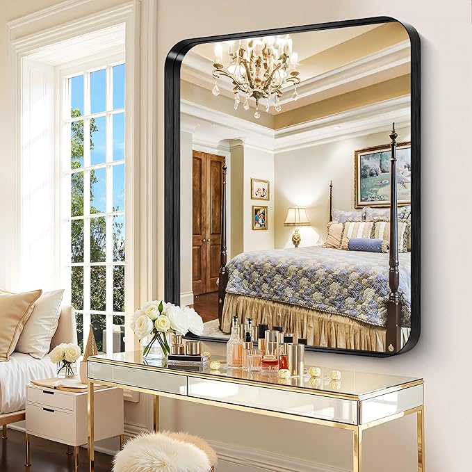 CIRCUMI Black Bathroom Mirror, Rounded Corner, Tempered Glass, Large Mirror - Image 4