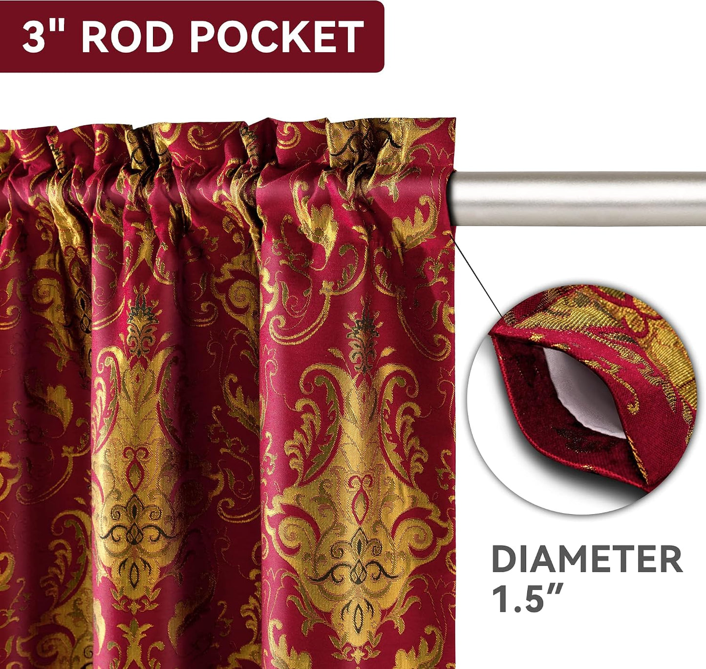 Loom and Mill Luxury Red Damask Curtains for Bedroom, 2 Panels, 52"W x 96"L | Textured Lined Jacquard Curtain Panels with Tiebacks, Window Curtain for Living Room Banquet Christmas Decoration, Rod Pocket