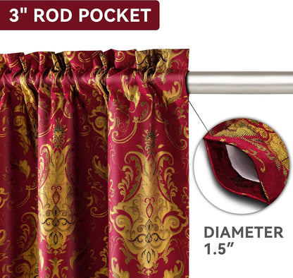 Loom and Mill Luxury Red Damask Curtains for Bedroom, 2 Panels, 52"W x 96"L | Textured Lined Jacquard Curtain Panels with Tiebacks, Window Curtain for Living Room Banquet Christmas Decoration, Rod Pocket