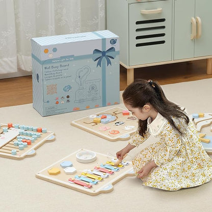 Train Activity Wall Busy Board, Wooden Montessori Sensory Toys, 12-in-1 - Image 7