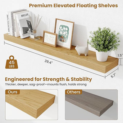 Fun Memories 40 Inch Floating Shelves, Long Wood Wall Shelf Set of 2 - Image 3