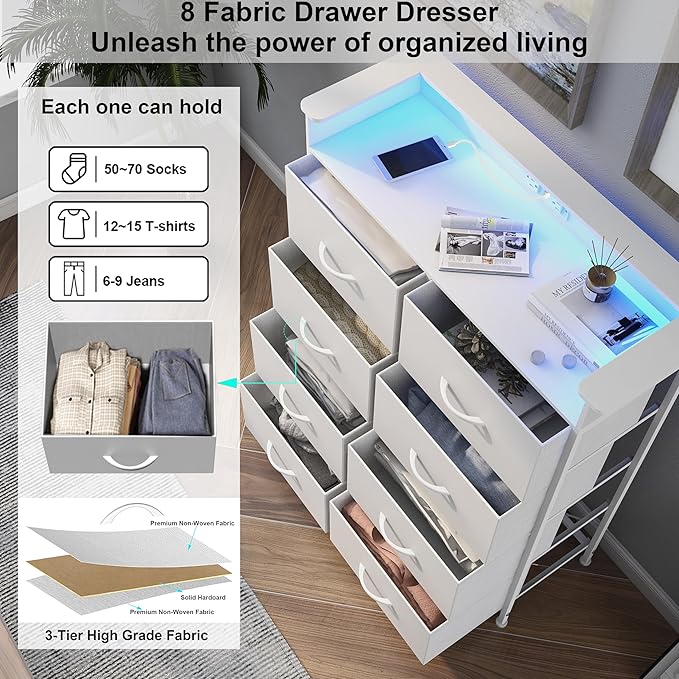 White Dresser for Bedroom with Power Outlets and LED Lights Narrow 8 Fabric - Image 5