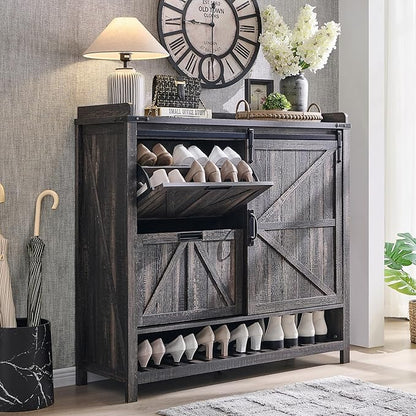OKD Shoe Storage Cabinet with 2 Flip Drawers & Sliding Door, Farmhouse Entryway - Image 3