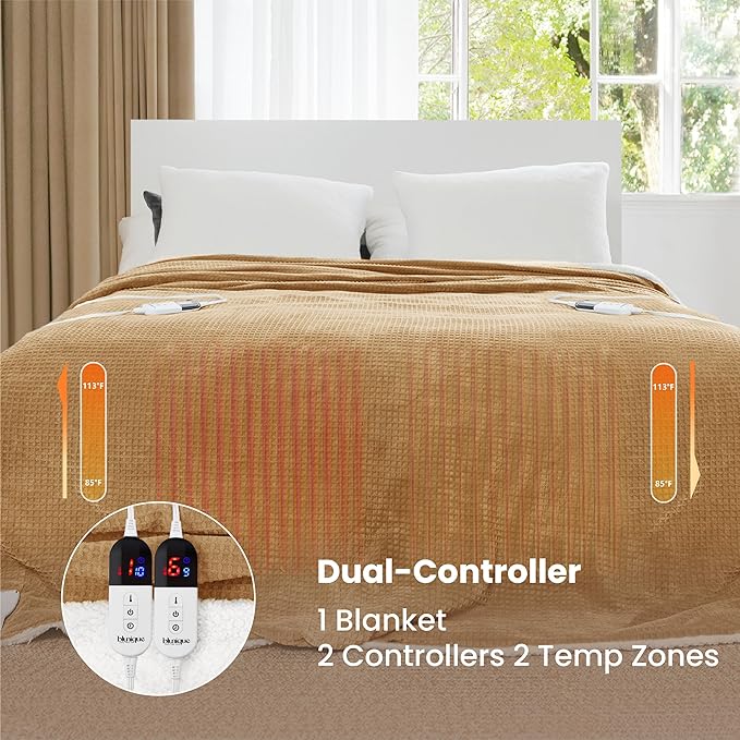 Heated Blanket Electric Blanket Queen Waffle, 84x90 Inches Dual Controllers - Image 3