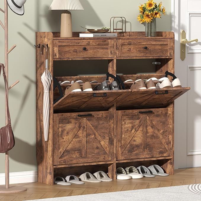 Shoe Cabinet with 4 Flip Drawers & 2 Storage Drawers, Rustic Farmhouse Narrow by Thacuok