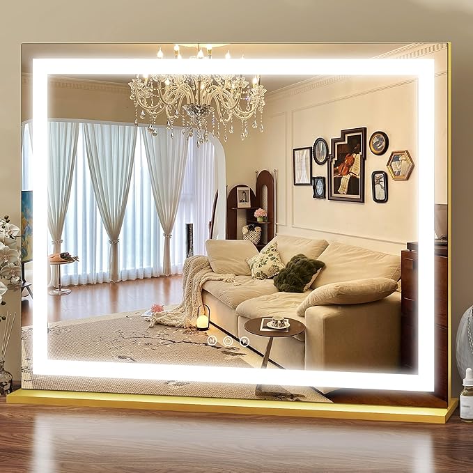 ROLOVE Gold Vanity Mirror with Lights 23x18 Inch, 3-Color Dimmable LED & Touch by ROLOVE