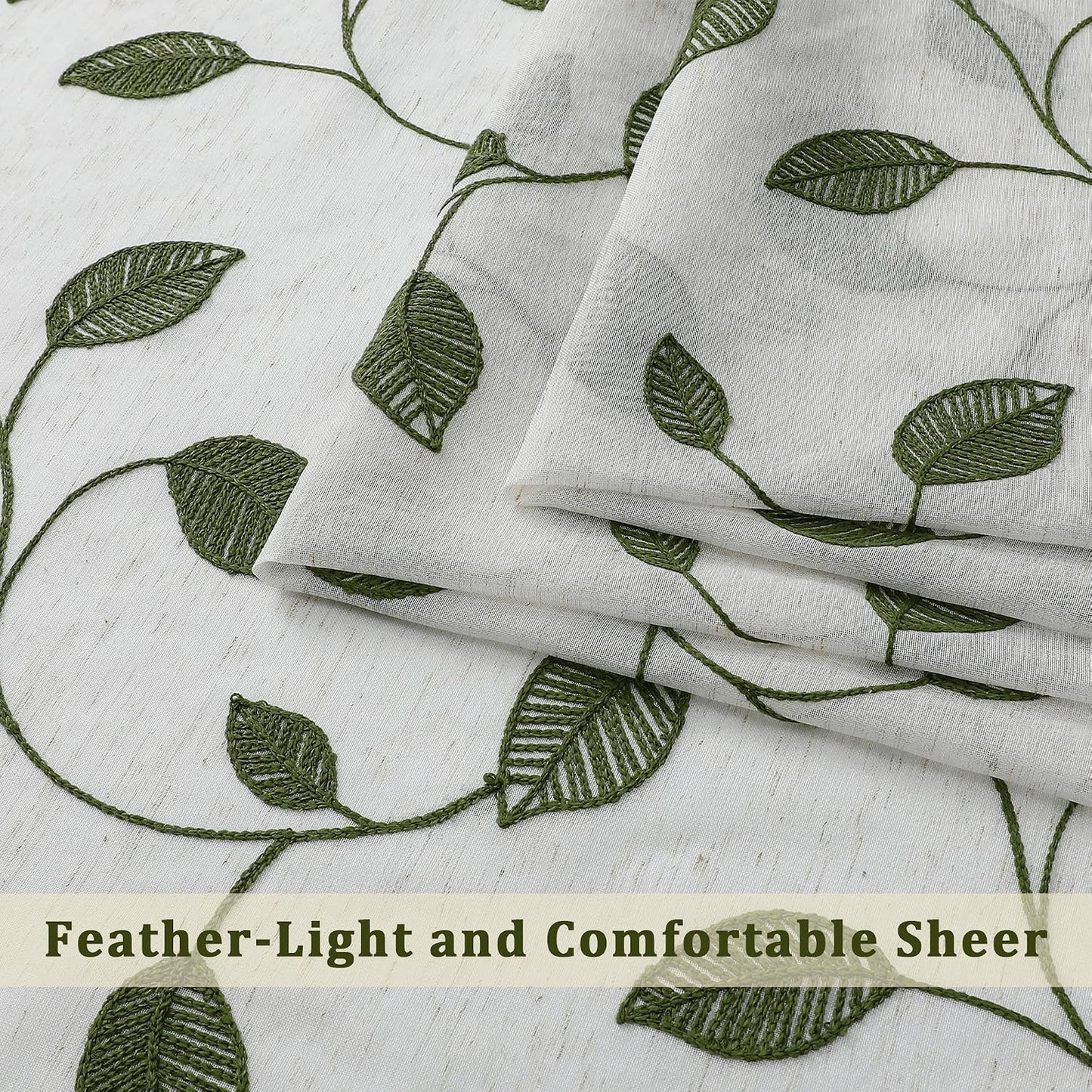 Sage Green Sheer Curtains 63 Inch Length 2 Panels, Leaf Embroidery Linen Textured Light Filtering Sheer Curtains for Dining Room Bedroom, Rod Pocket Farmhouse Window Drapes, 2x40Wx63L Inches