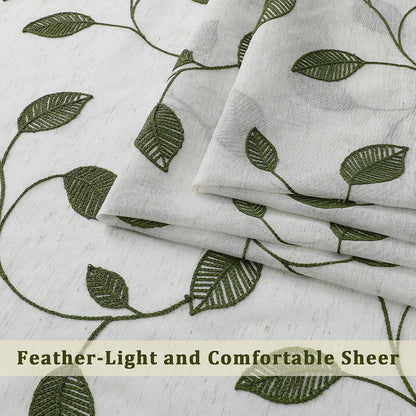 Sage Green Sheer Curtains 63 Inch Length 2 Panels, Leaf Embroidery Linen Textured Light Filtering Sheer Curtains for Dining Room Bedroom, Rod Pocket Farmhouse Window Drapes, 2x40Wx63L Inches