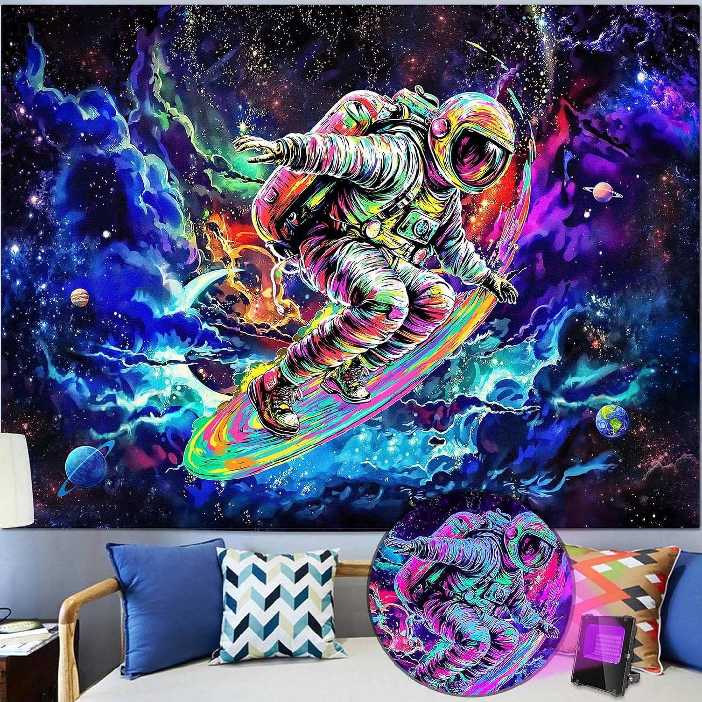 kampdream Astronaut Space Surfer Tapestry, Cosmic Galaxy Planet Art Wall Hanging, Cool Decor Poster for Men's Bedroom/Dorm, 48x36 Inch