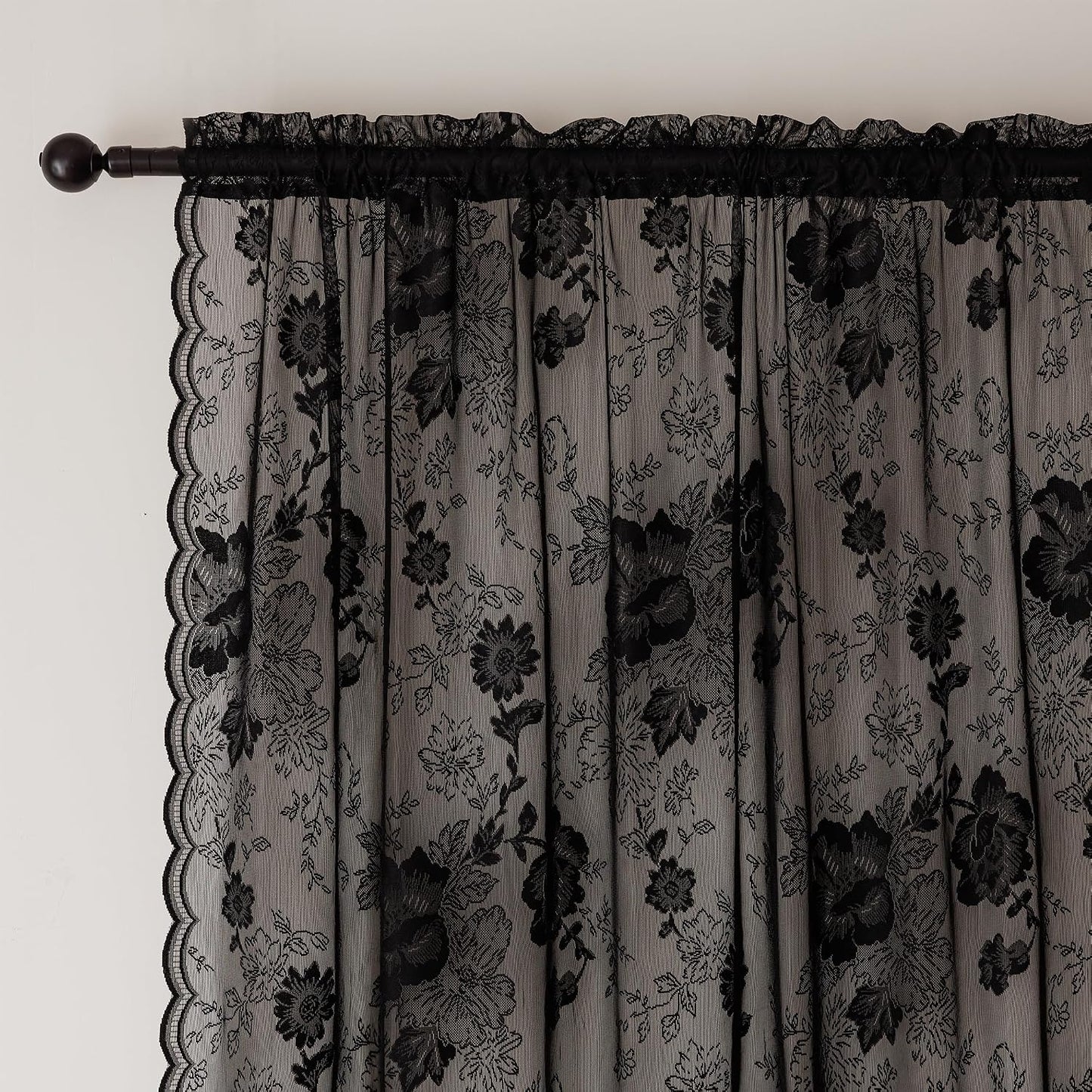 Black Lace Curtains 84 Inch Long Vintage Floral Sheer Drapes | for Living Room & Bedroom - Gothic Style Decor Light Filtering Scalloped Edges Curtains with Rod Pocket - 2 Panels, 55 x 84