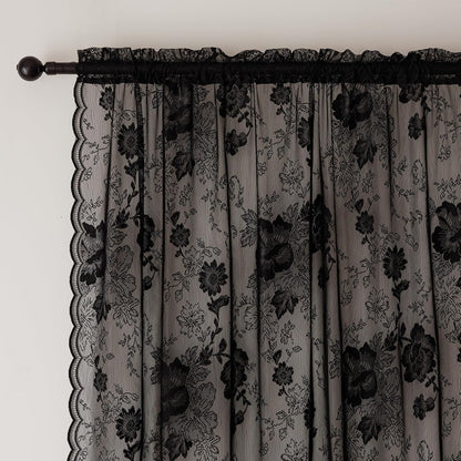 Black Lace Curtains 84 Inch Long Vintage Floral Sheer Drapes | for Living Room & Bedroom - Gothic Style Decor Light Filtering Scalloped Edges Curtains with Rod Pocket - 2 Panels, 55 x 84
