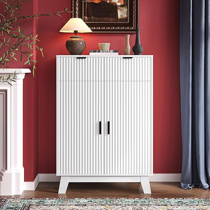 Fluted Shoe Cabinet, 4-Tier Mid Century Modern Narrow Shoe Storage Cabinet by BOXACTION