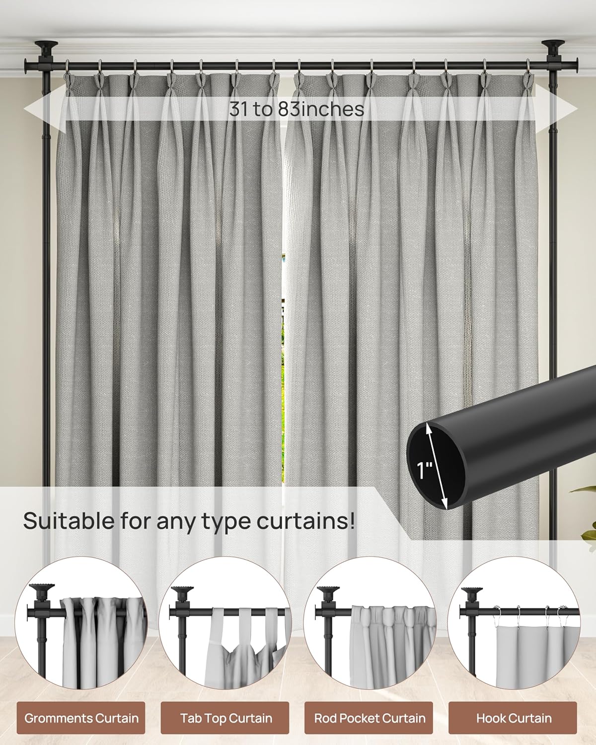 ALLZONE Tension Curtain Rods for Windows, Adjustable 31 to 83 Inch Wide, Freestanding Curtain Rods No Drilling, Apartment Renter Friendly, Heavy Duty, for Room Divider, Doorway, 63 to 130 Inches Tall