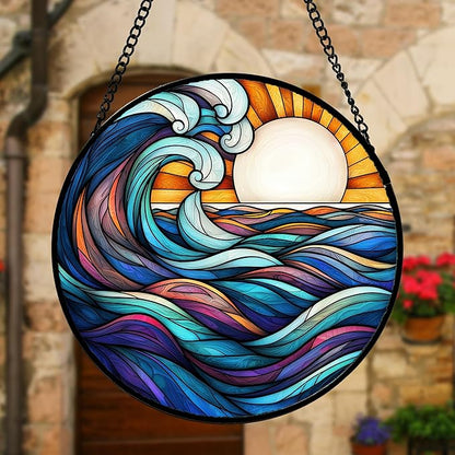 DASTOLL Stained Glass Window Hanging, Big Wave Sun Suncatcher Diamond Glass - Image 5