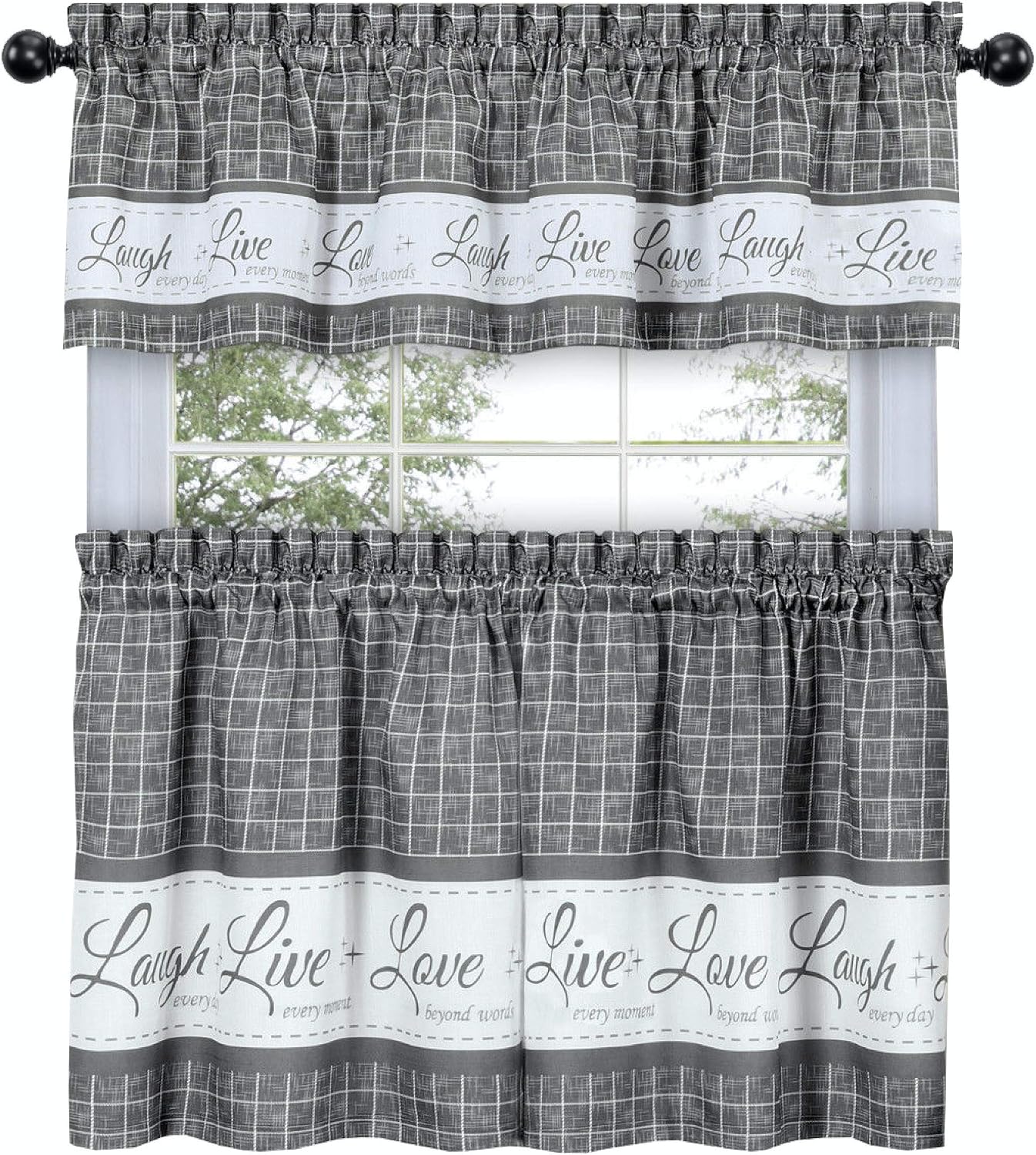 GoodGram Country Gingham Check Live~Laugh~Love 3 Pc. Café Plaid Kitchen Curtain Set - Assorted Colors & Sizes (Gray, 36 in. L)