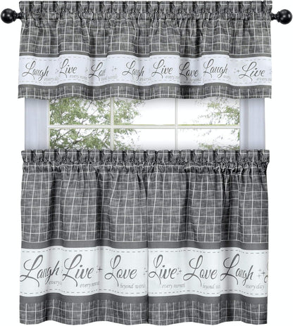 GoodGram Country Gingham Check Live~Laugh~Love 3 Pc. Café Plaid Kitchen Curtain Set - Assorted Colors & Sizes (Gray, 36 in. L)